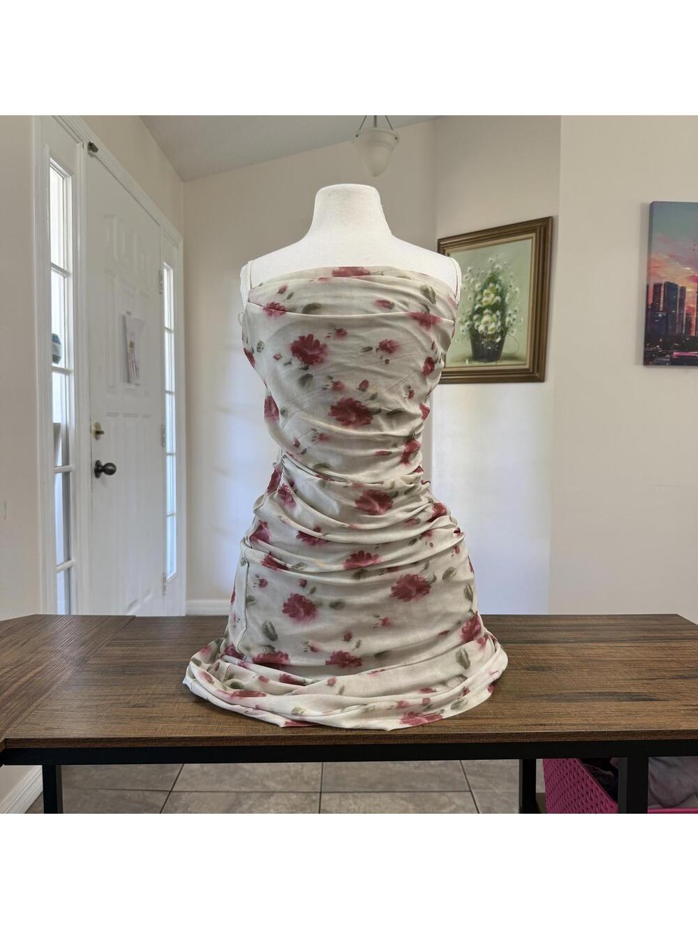 Simple Retro Floral Ruched Midi Dress XS